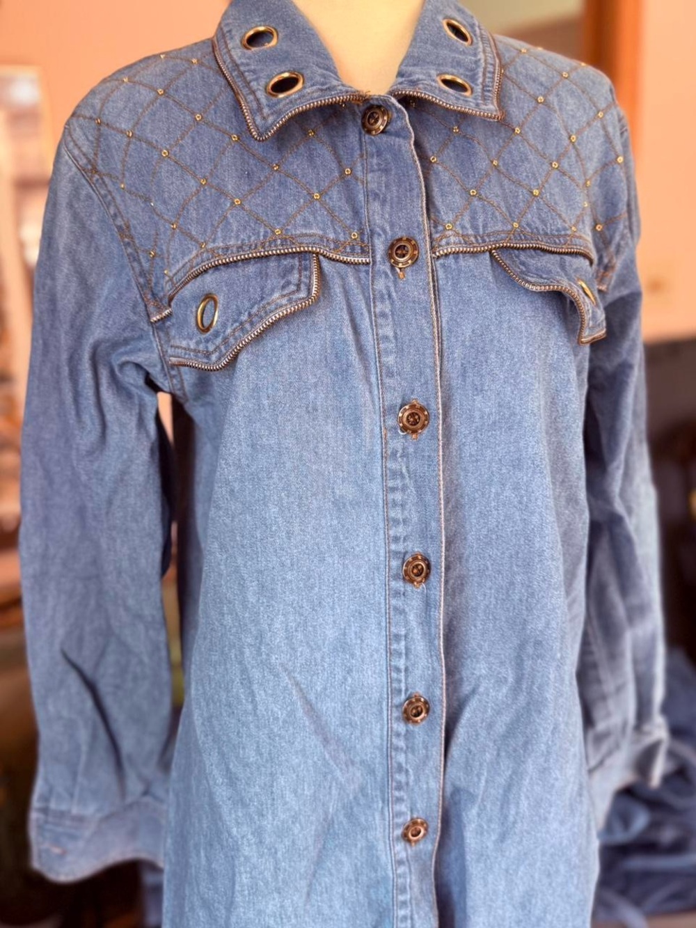 Studded Quilted Denim Button-Up Shirt Dress - Blue